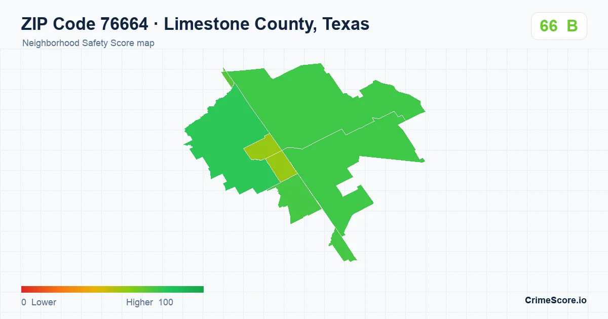 ZIP Code 76664 in Limestone County, Texas neighborhood Safety Score map