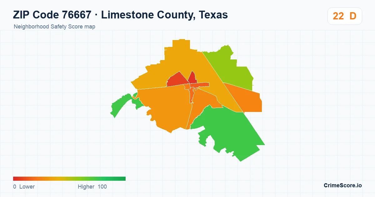 ZIP Code 76667 in Limestone County, Texas neighborhood Safety Score map