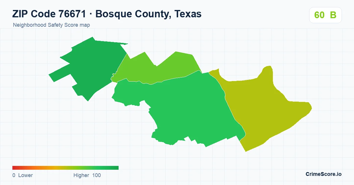 ZIP Code 76671 in Bosque County, Texas neighborhood Safety Score map