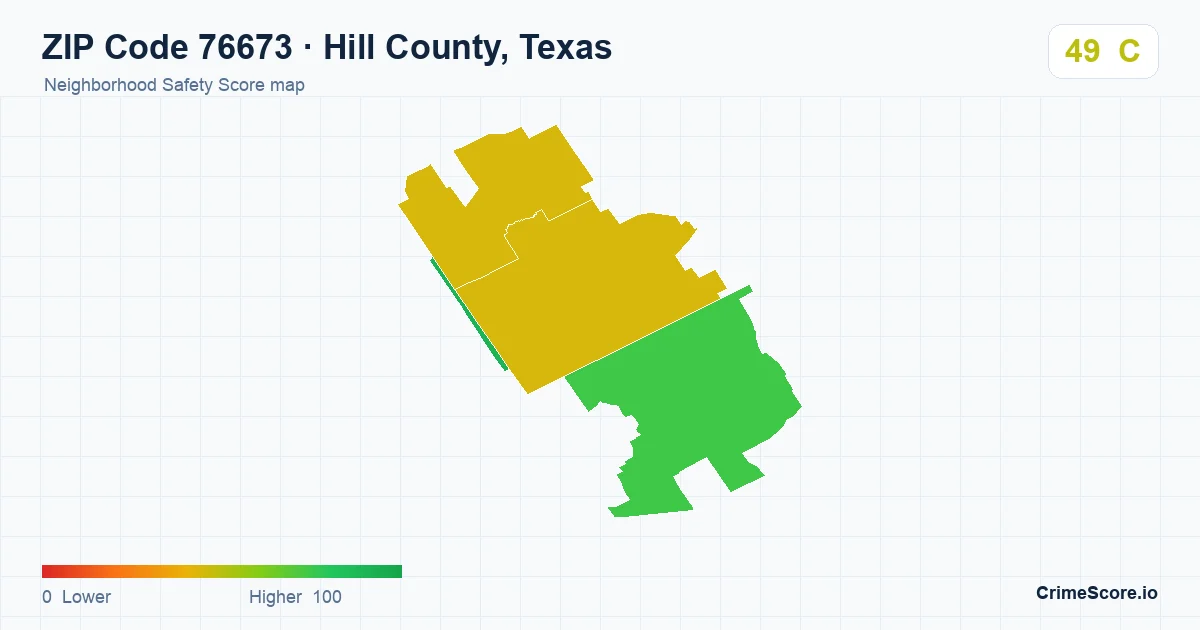 ZIP Code 76673 in Hill County, Texas neighborhood Safety Score map