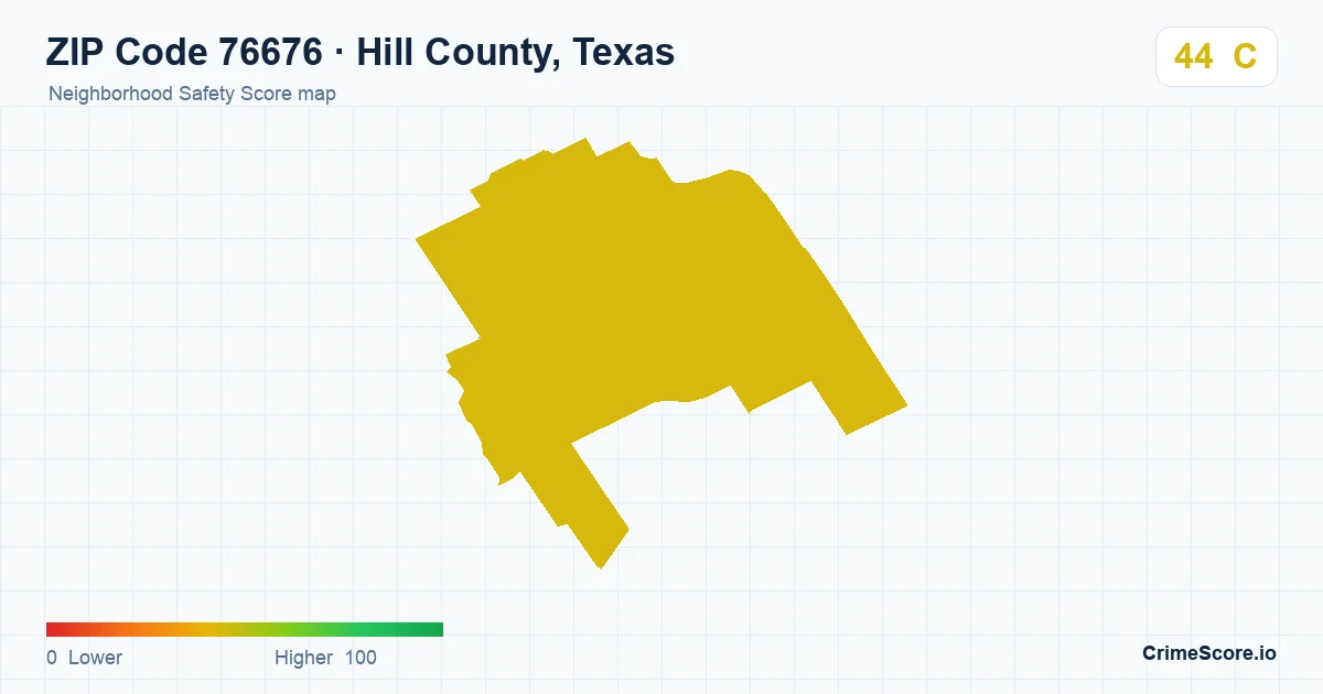ZIP Code 76676 in Hill County, Texas neighborhood Safety Score map