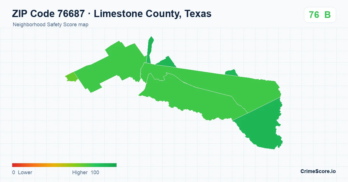 ZIP Code 76687 in Limestone County, Texas neighborhood Safety Score map