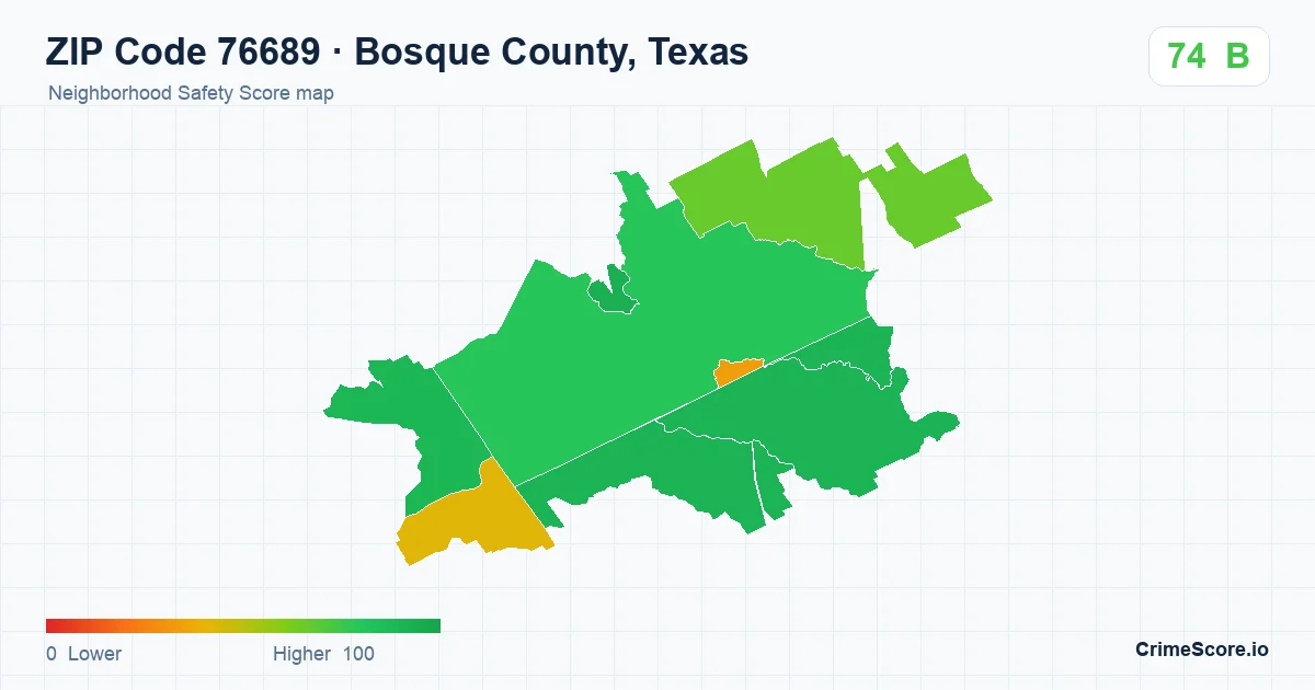 ZIP Code 76689 in Bosque County, Texas neighborhood Safety Score map