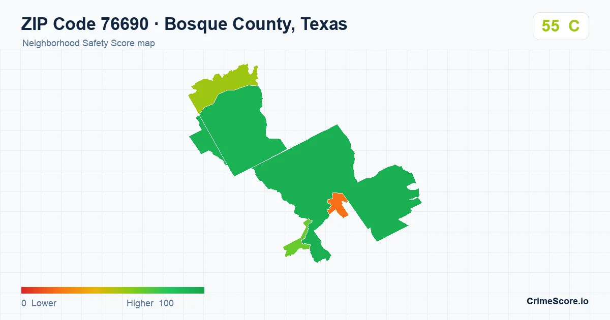 ZIP Code 76690 in Bosque County, Texas neighborhood Safety Score map
