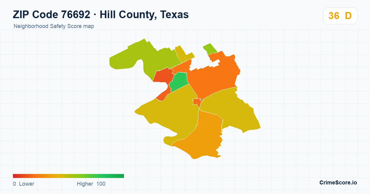 ZIP Code 76692 in Hill County, Texas neighborhood Safety Score map