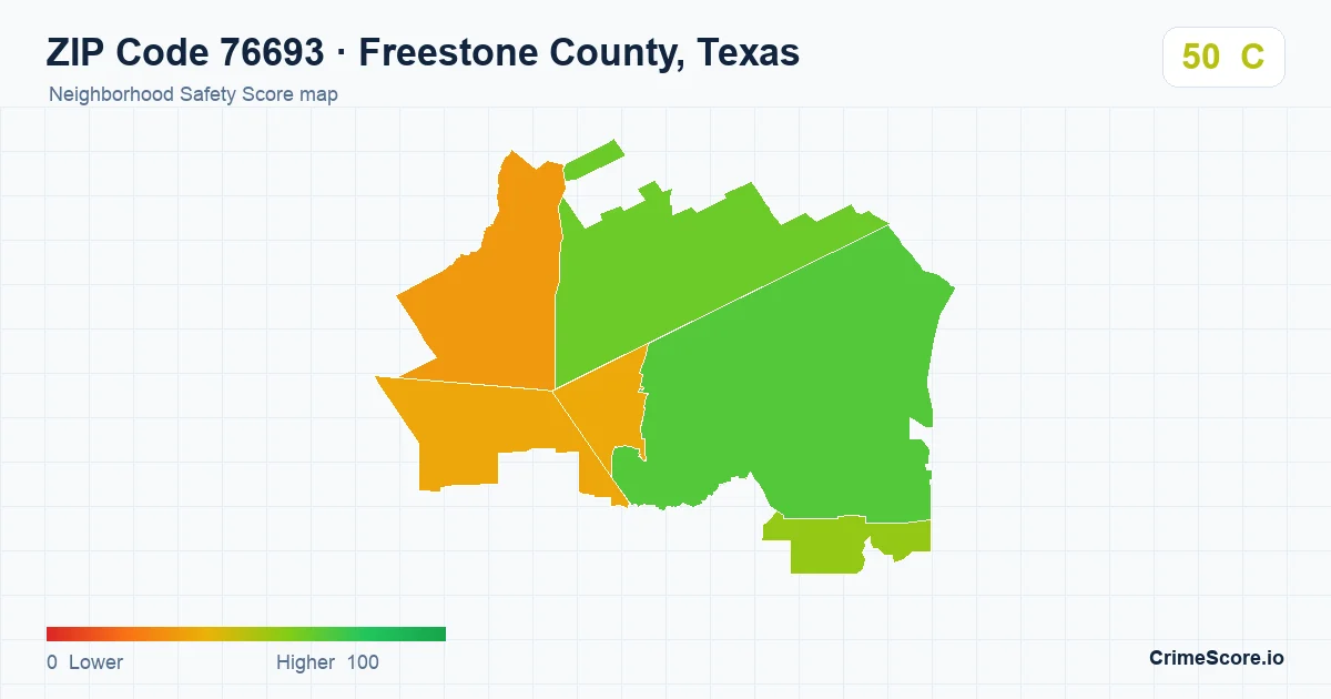 ZIP Code 76693 in Freestone County, Texas neighborhood Safety Score map
