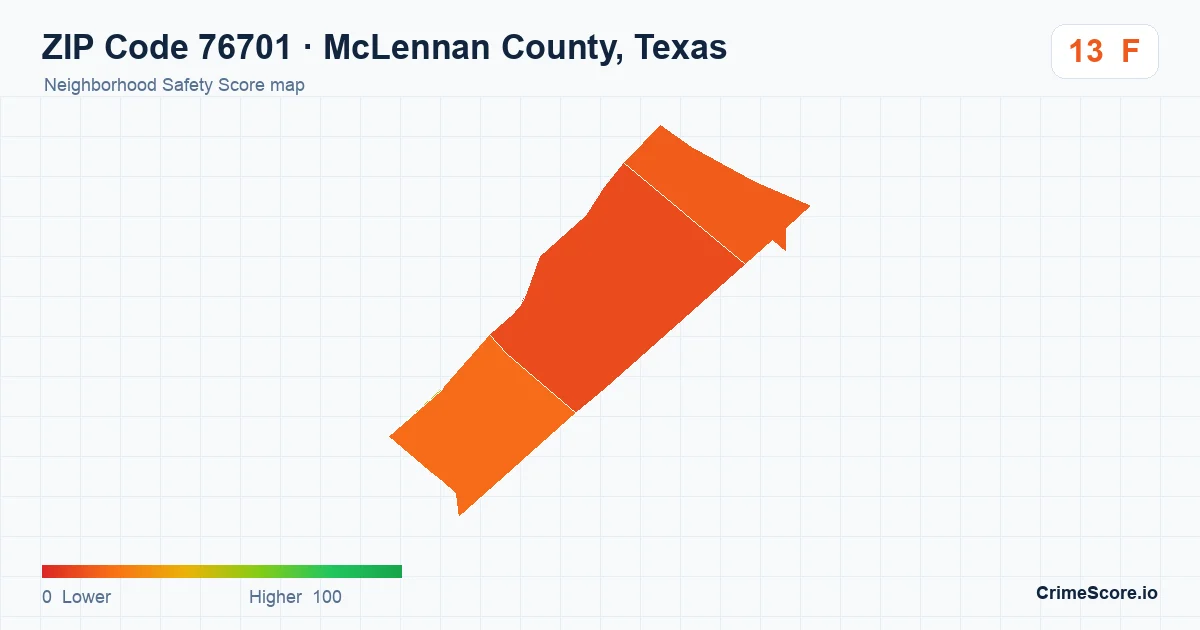 ZIP Code 76701 in McLennan County, Texas neighborhood Safety Score map