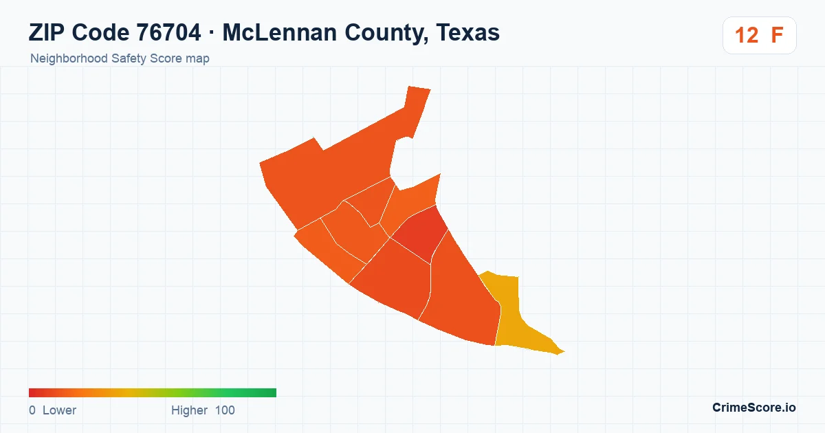 ZIP Code 76704 in McLennan County, Texas neighborhood Safety Score map