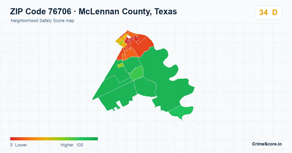 ZIP Code 76706 in McLennan County, Texas neighborhood Safety Score map