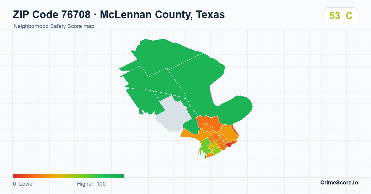 ZIP Code 76708 in McLennan County, Texas neighborhood Safety Score map