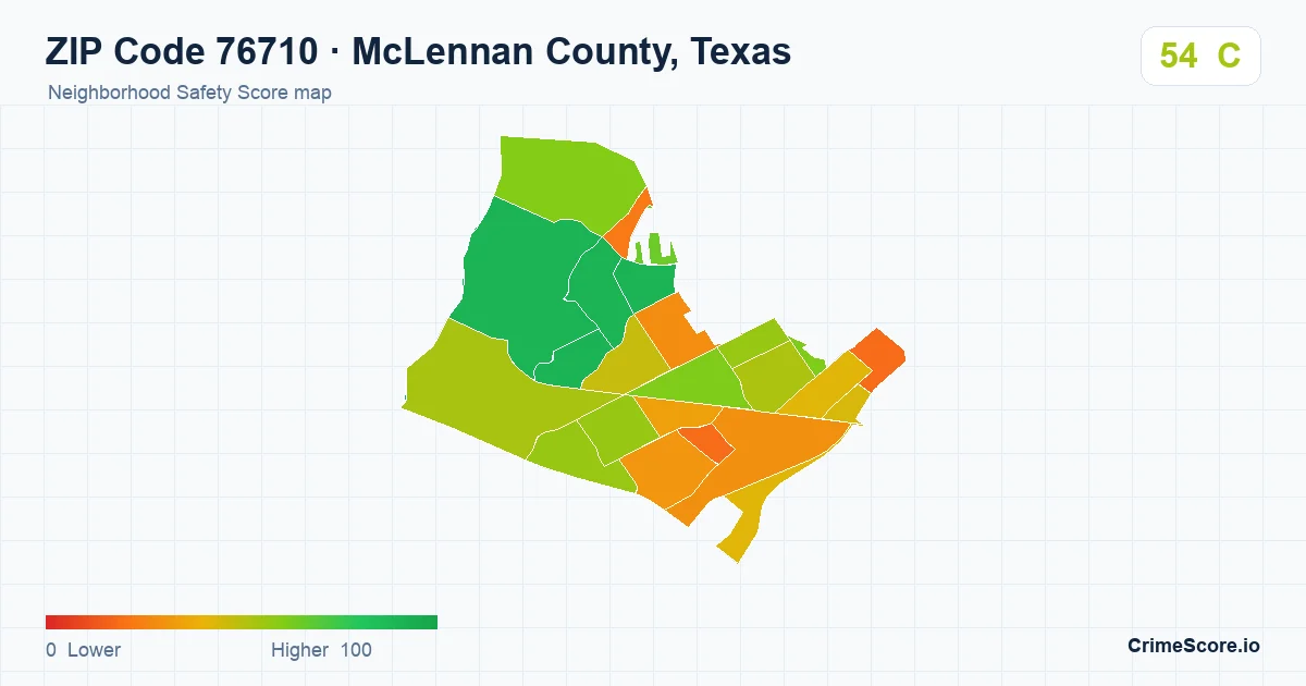 ZIP Code 76710 in McLennan County, Texas neighborhood Safety Score map