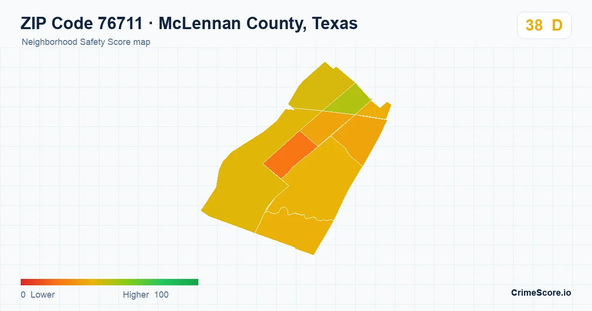 ZIP Code 76711 in McLennan County, Texas neighborhood Safety Score map
