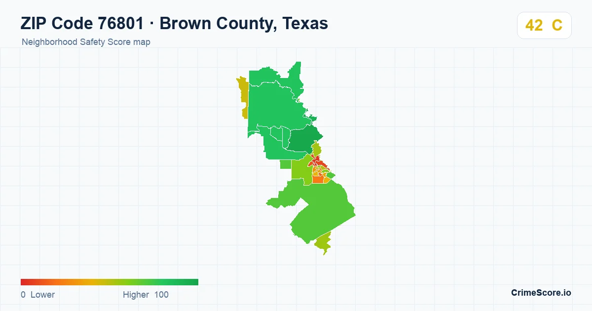 ZIP Code 76801 in Brown County, Texas neighborhood Safety Score map