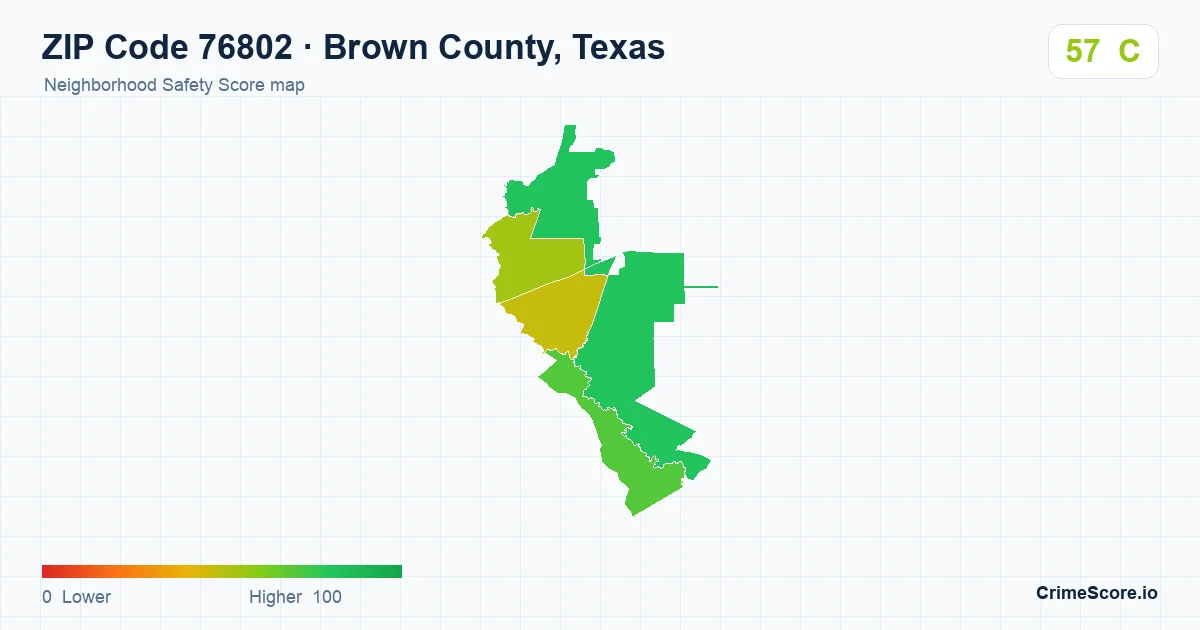 ZIP Code 76802 in Brown County, Texas neighborhood Safety Score map