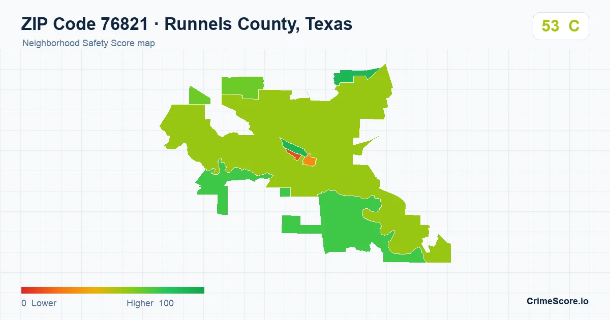 ZIP Code 76821 in Runnels County, Texas neighborhood Safety Score map