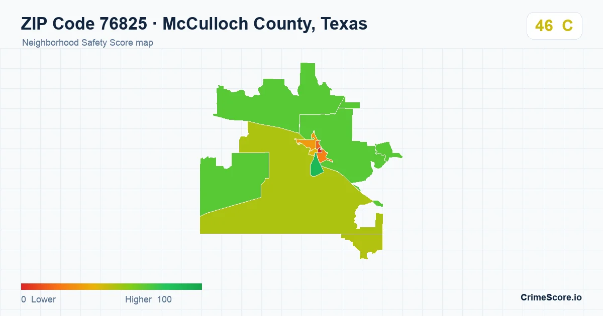 ZIP Code 76825 in McCulloch County, Texas neighborhood Safety Score map