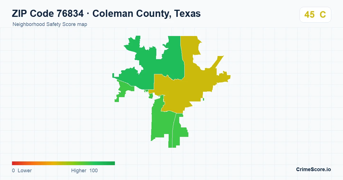 ZIP Code 76834 in Coleman County, Texas neighborhood Safety Score map