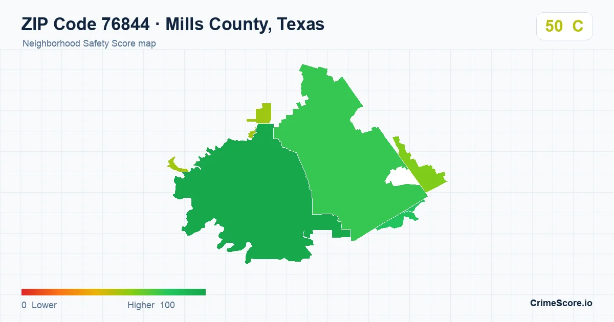 ZIP Code 76844 in Mills County, Texas neighborhood Safety Score map