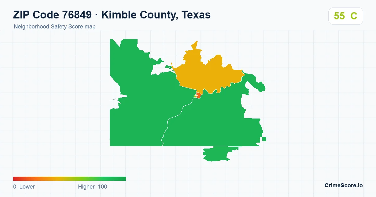 ZIP Code 76849 in Kimble County, Texas neighborhood Safety Score map