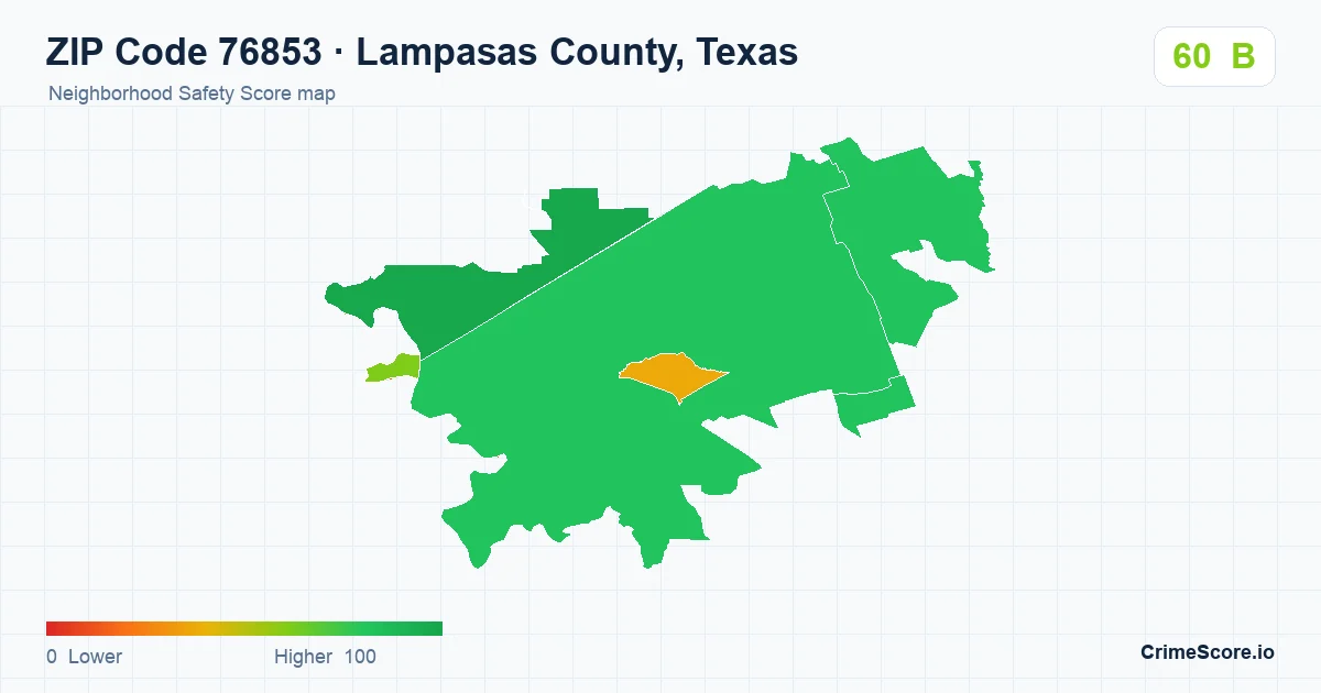 ZIP Code 76853 in Lampasas County, Texas neighborhood Safety Score map