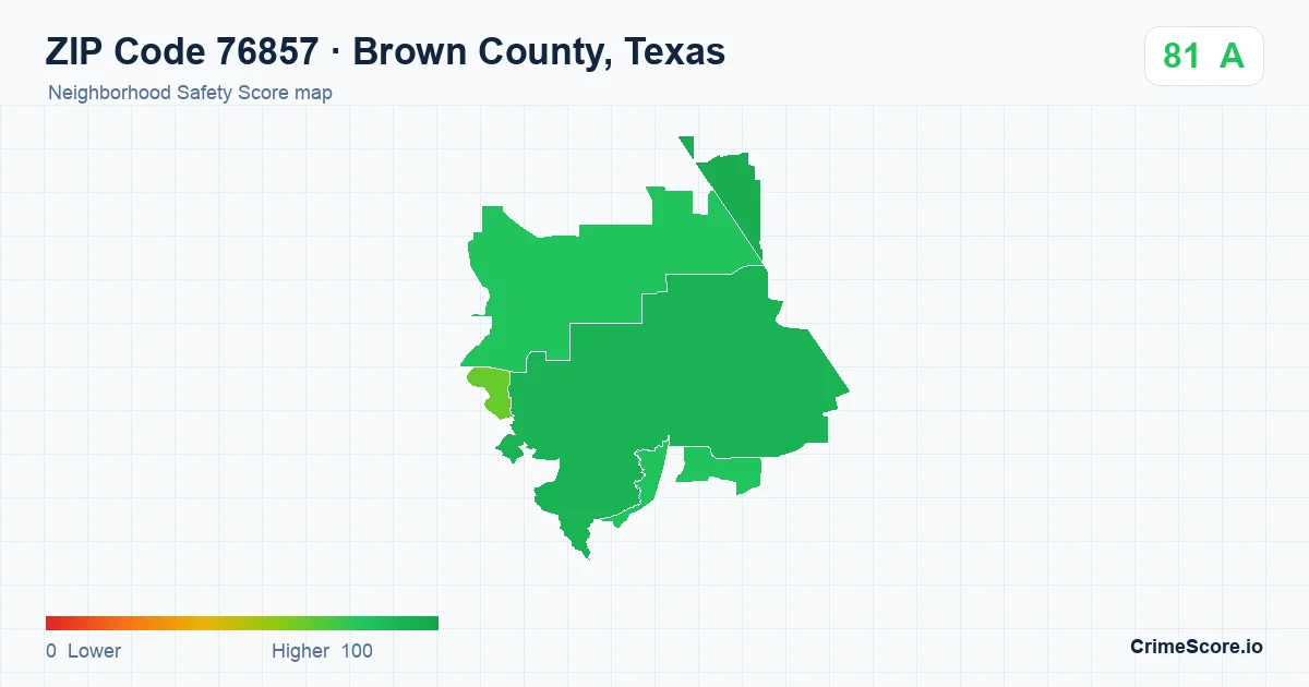 ZIP Code 76857 in Brown County, Texas neighborhood Safety Score map