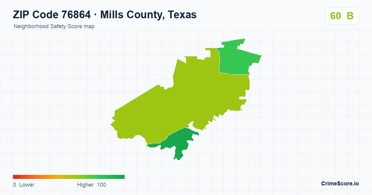 ZIP Code 76864 in Mills County, Texas neighborhood Safety Score map