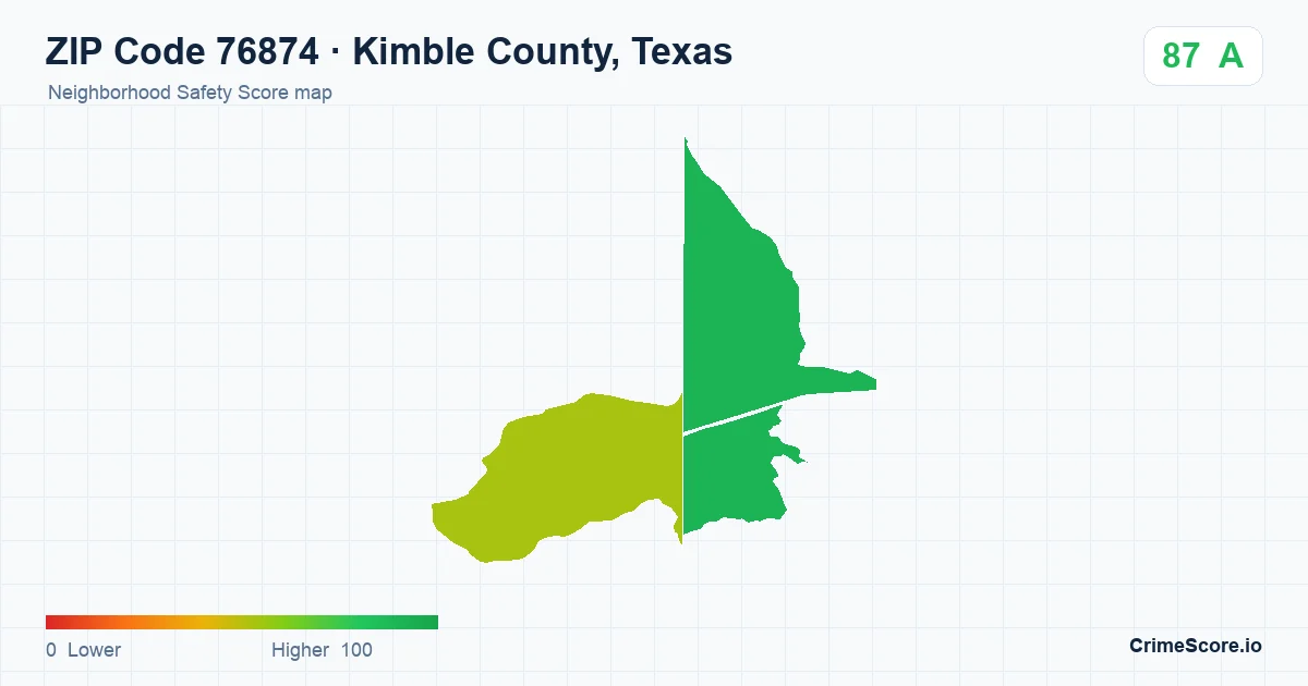 ZIP Code 76874 in Kimble County, Texas neighborhood Safety Score map