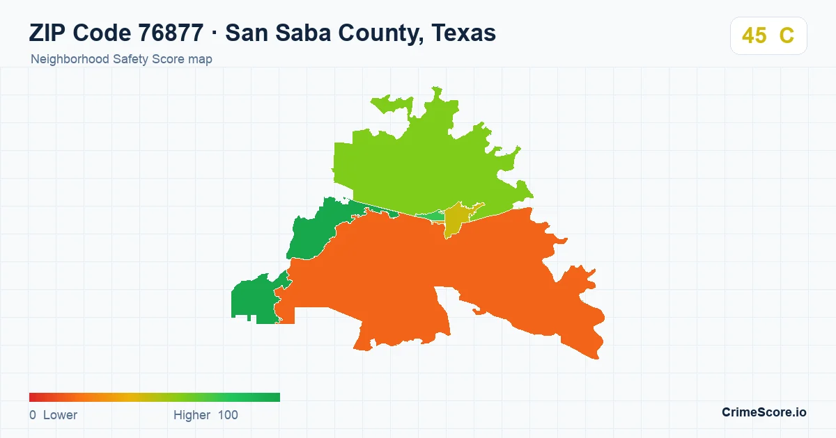 ZIP Code 76877 in San Saba County, Texas neighborhood Safety Score map