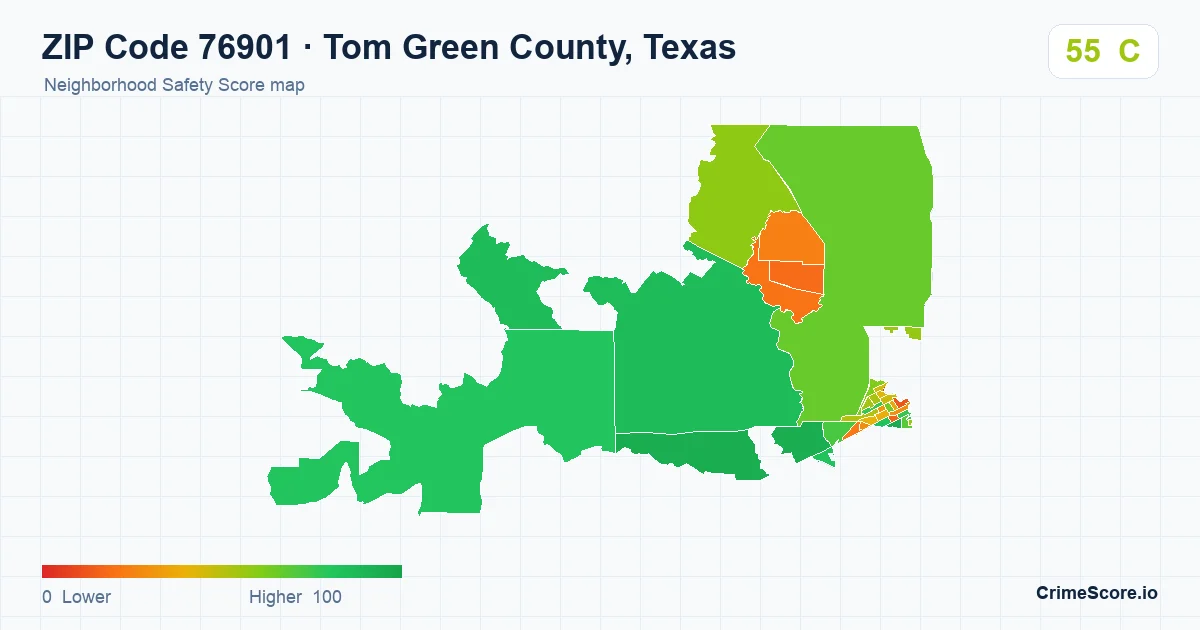 ZIP Code 76901 in Tom Green County, Texas neighborhood Safety Score map