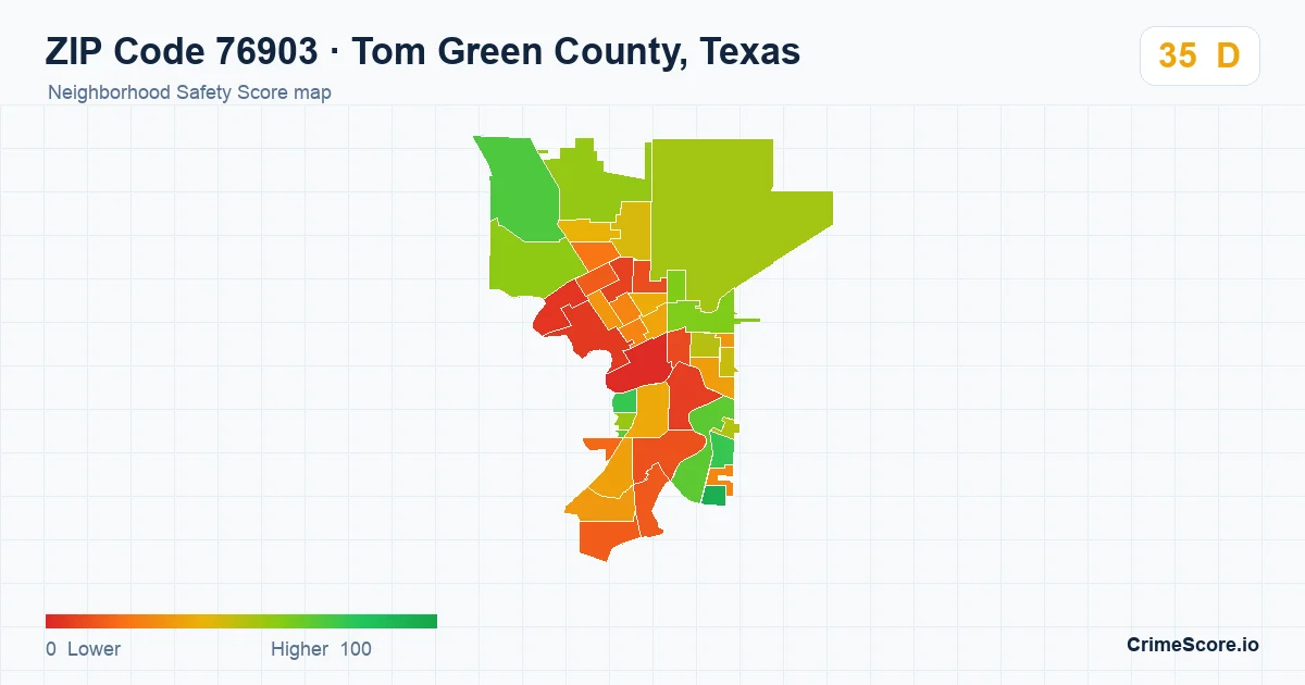 ZIP Code 76903 in Tom Green County, Texas neighborhood Safety Score map