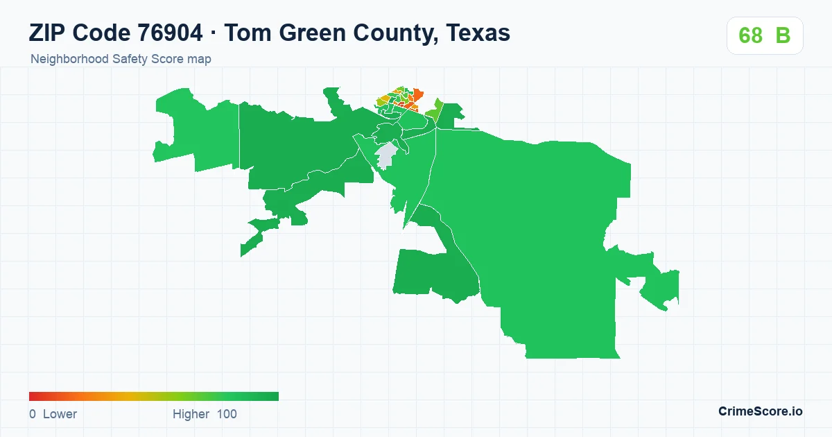 ZIP Code 76904 in Tom Green County, Texas neighborhood Safety Score map