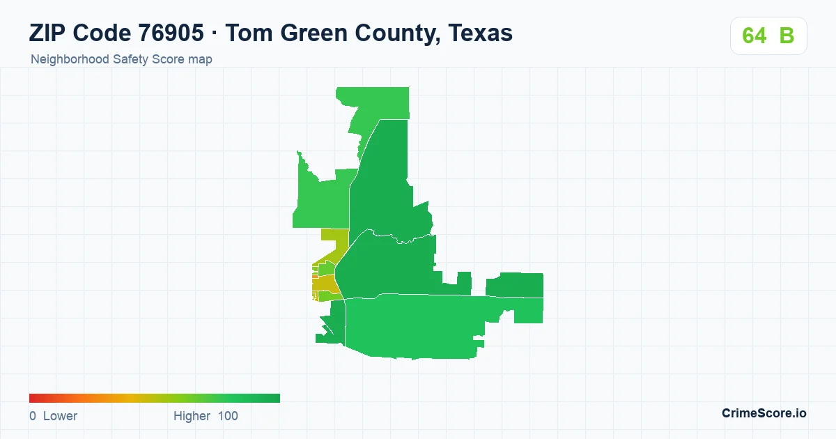 ZIP Code 76905 in Tom Green County, Texas neighborhood Safety Score map