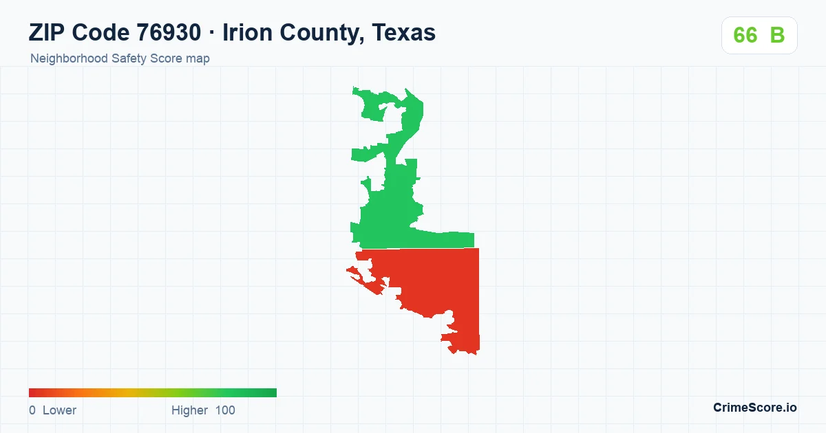 ZIP Code 76930 in Irion County, Texas neighborhood Safety Score map
