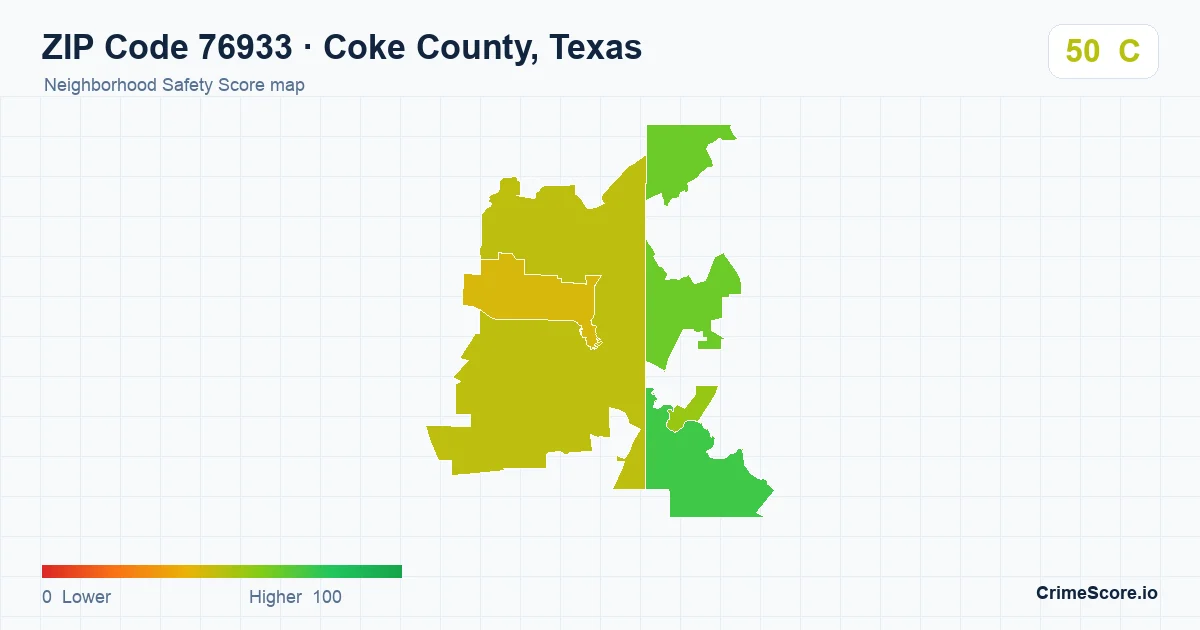 ZIP Code 76933 in Coke County, Texas neighborhood Safety Score map