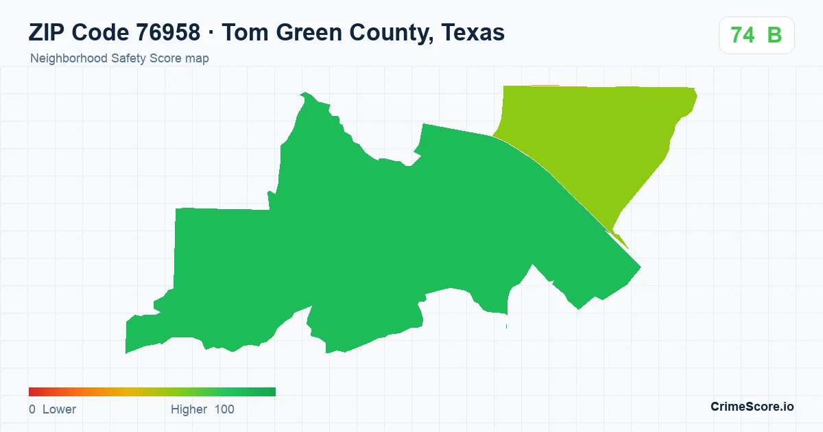 ZIP Code 76958 in Tom Green County, Texas neighborhood Safety Score map