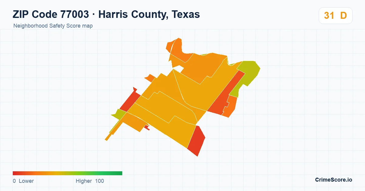ZIP Code 77003 in Harris County, Texas neighborhood Safety Score map