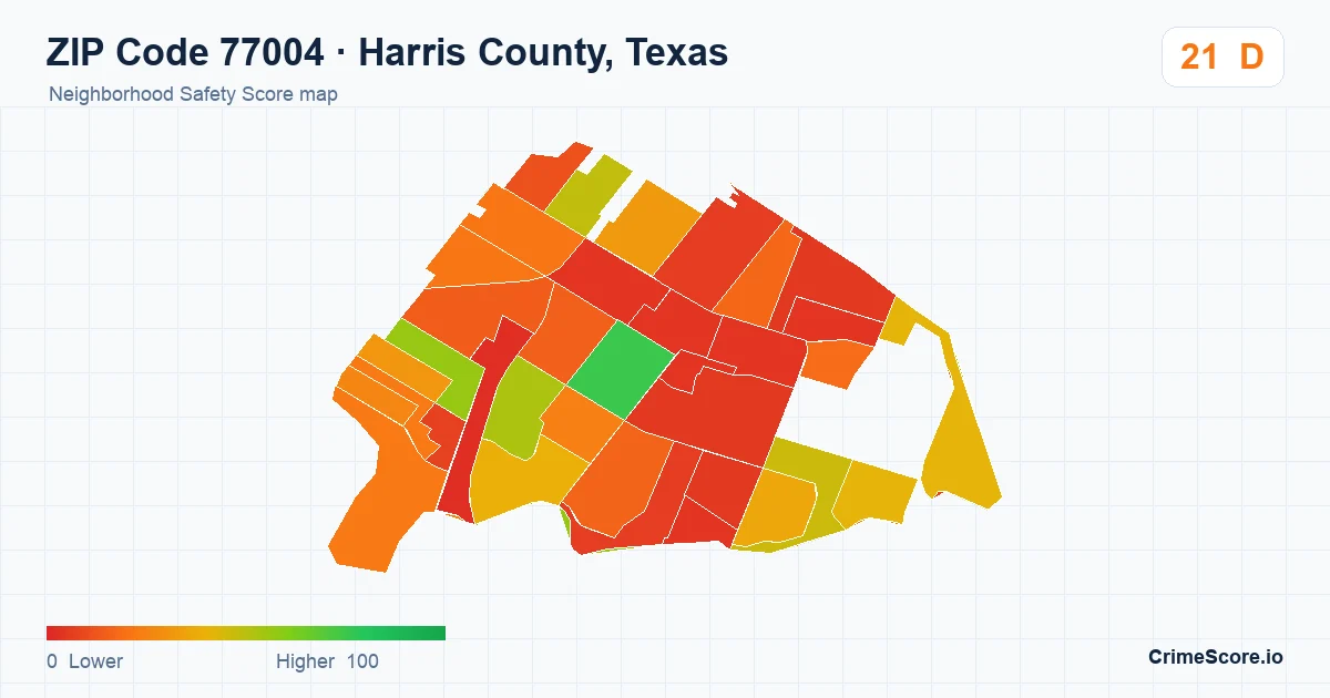 ZIP Code 77004 in Harris County, Texas neighborhood Safety Score map