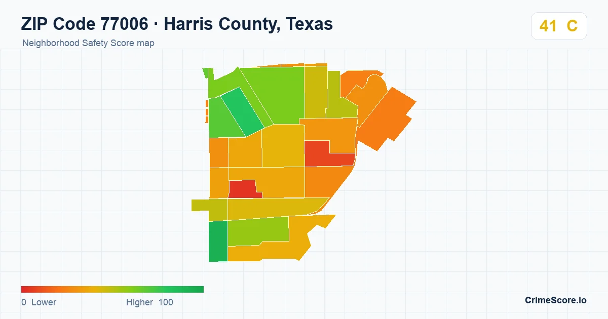 ZIP Code 77006 in Harris County, Texas neighborhood Safety Score map