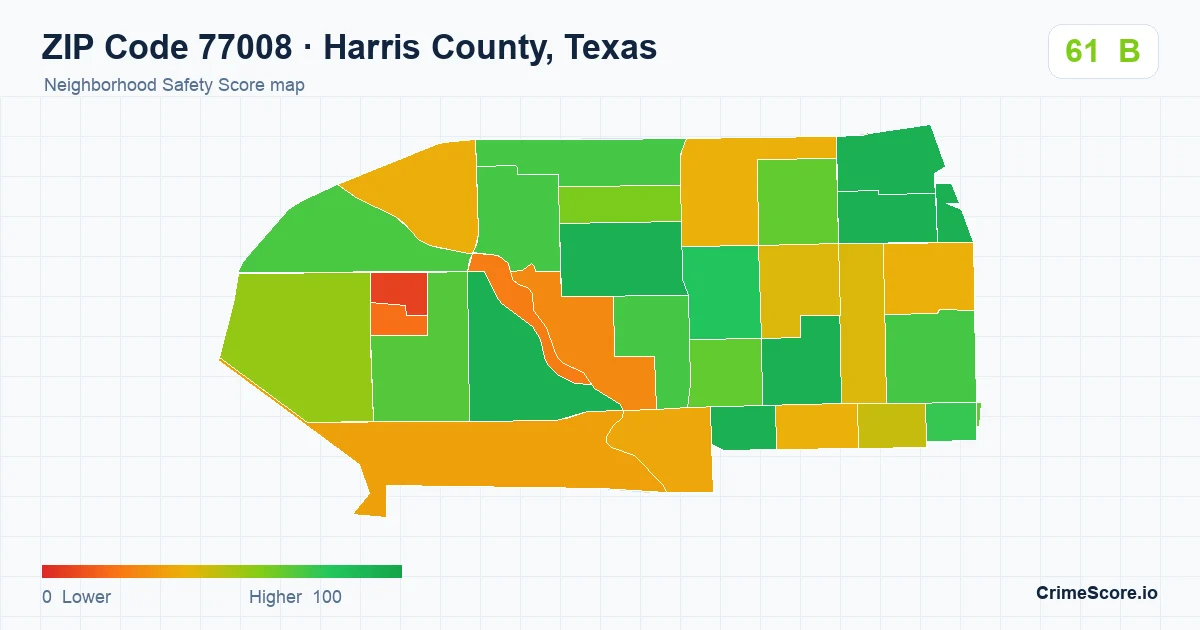ZIP Code 77008 in Harris County, Texas neighborhood Safety Score map