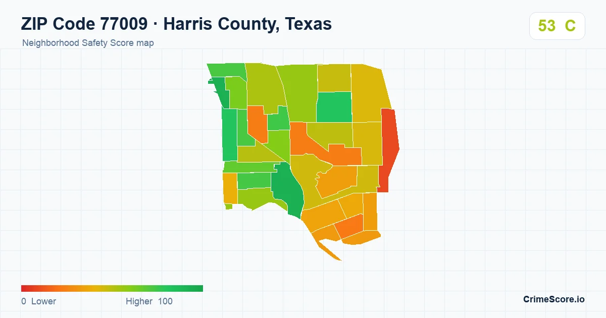 ZIP Code 77009 in Harris County, Texas neighborhood Safety Score map