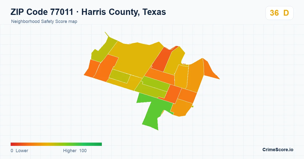 ZIP Code 77011 in Harris County, Texas neighborhood Safety Score map