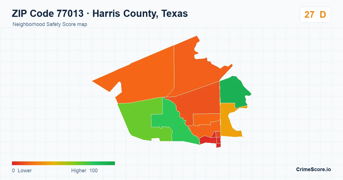 ZIP Code 77013 in Harris County, Texas neighborhood Safety Score map