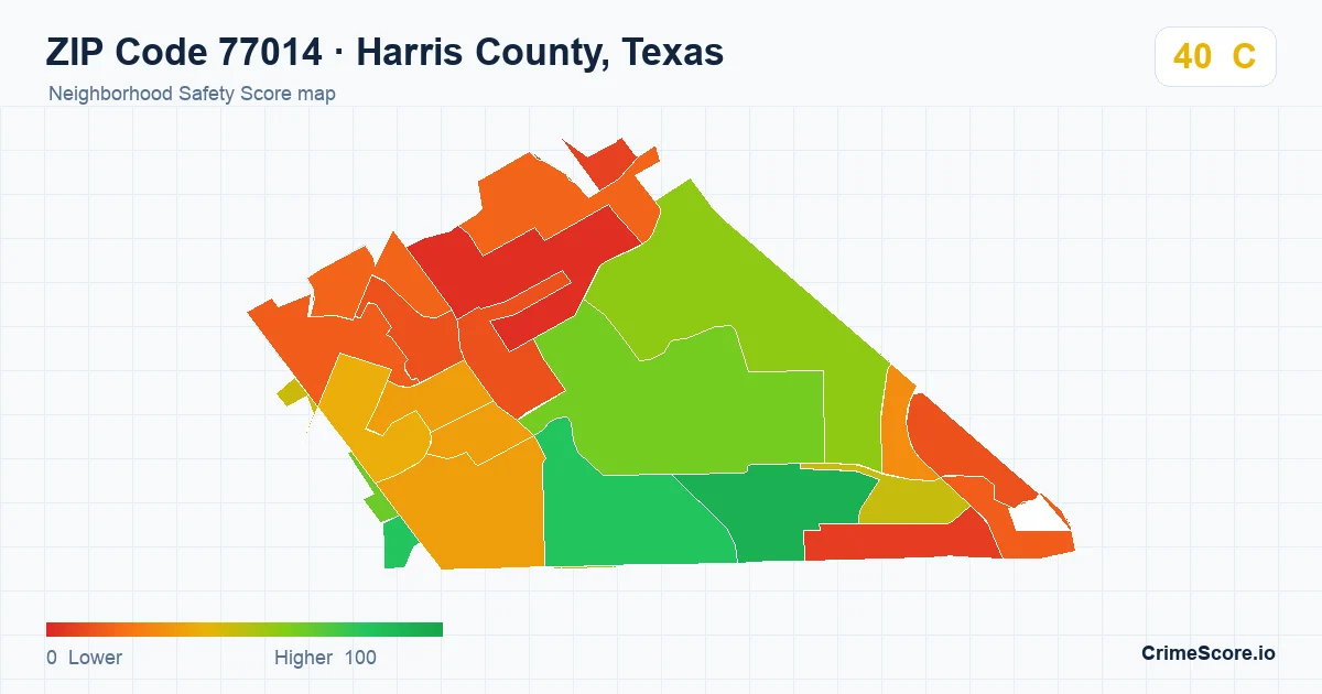 ZIP Code 77014 in Harris County, Texas neighborhood Safety Score map