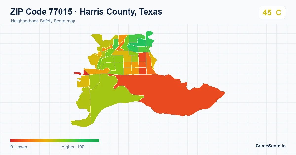 ZIP Code 77015 in Harris County, Texas neighborhood Safety Score map