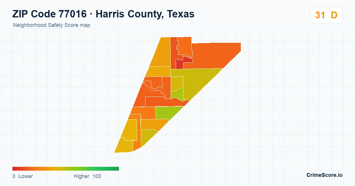 ZIP Code 77016 in Harris County, Texas neighborhood Safety Score map