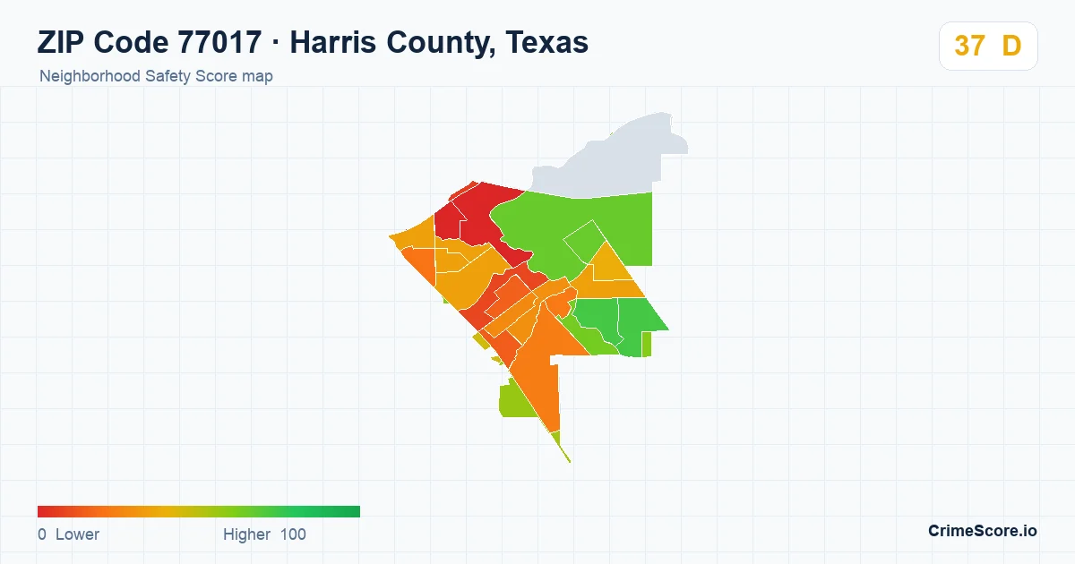 ZIP Code 77017 in Harris County, Texas neighborhood Safety Score map