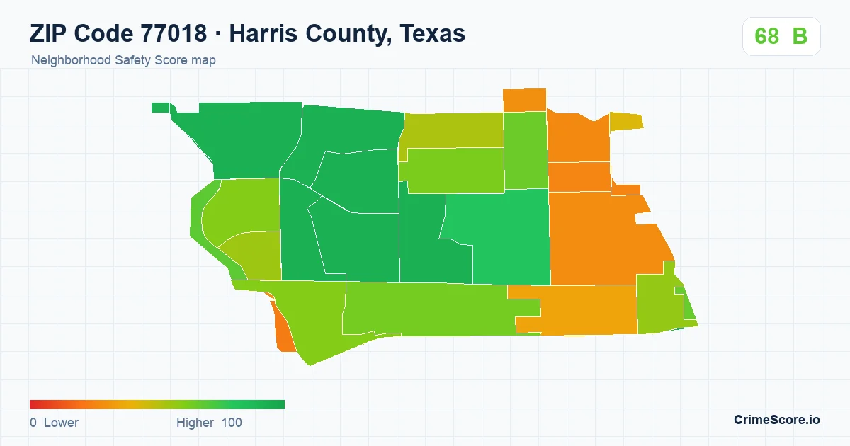 ZIP Code 77018 in Harris County, Texas neighborhood Safety Score map