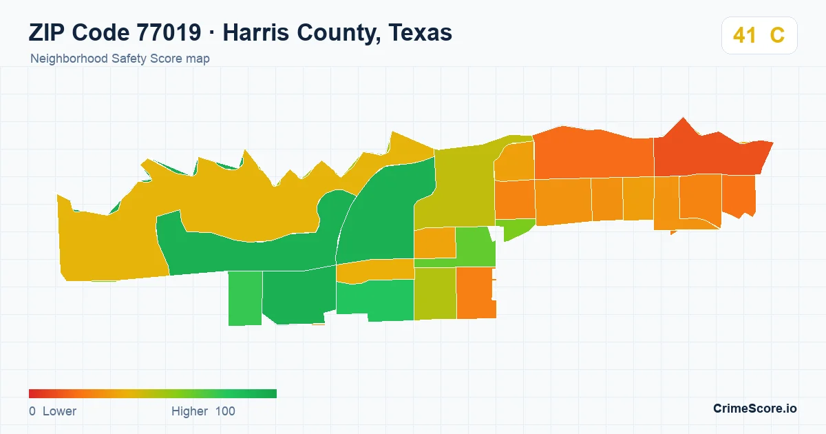 ZIP Code 77019 in Harris County, Texas neighborhood Safety Score map