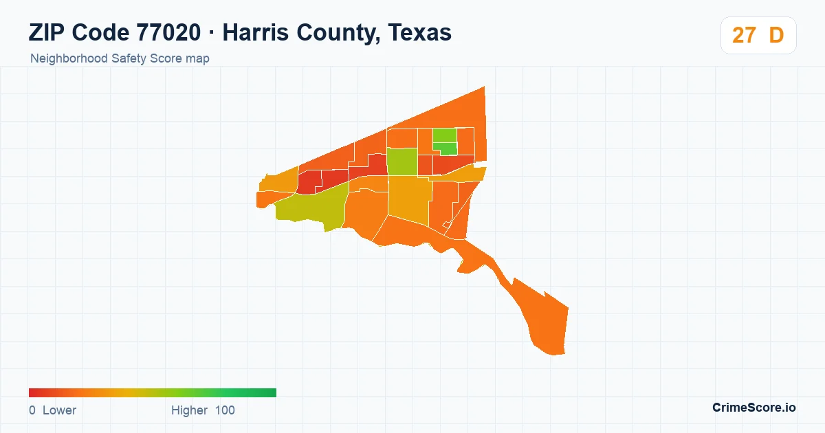 ZIP Code 77020 in Harris County, Texas neighborhood Safety Score map