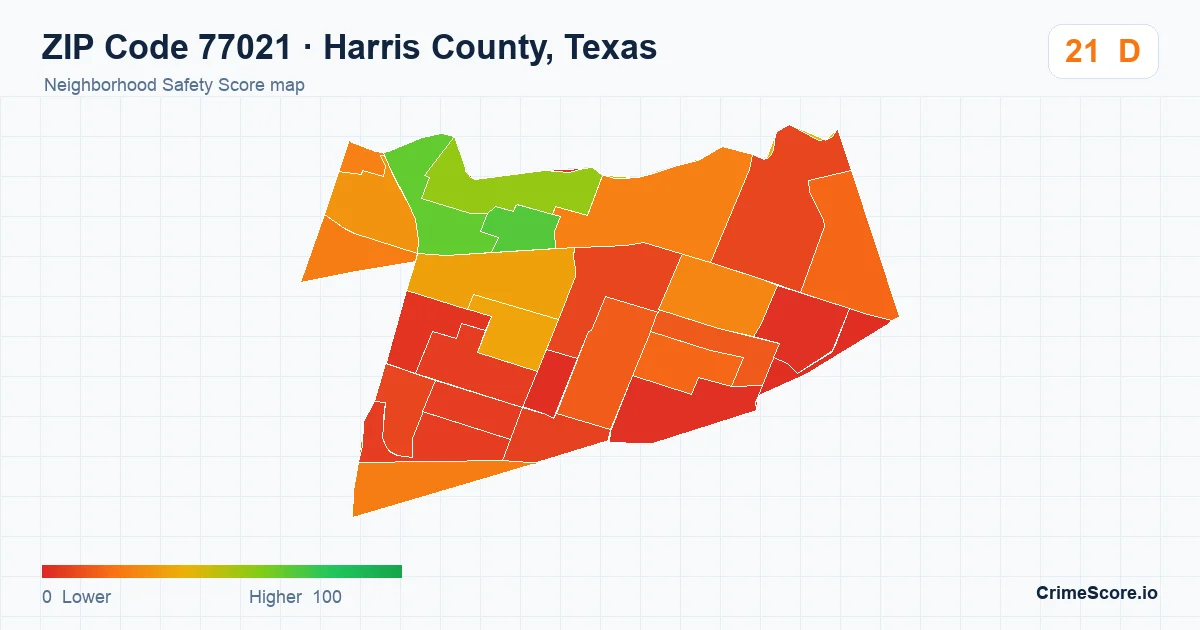 ZIP Code 77021 in Harris County, Texas neighborhood Safety Score map